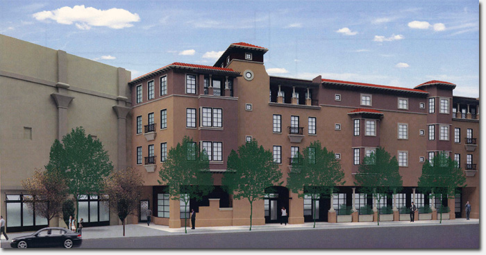 A rendering of the residential units, with ground floor commercial, in the back lot on 18th Avenue.