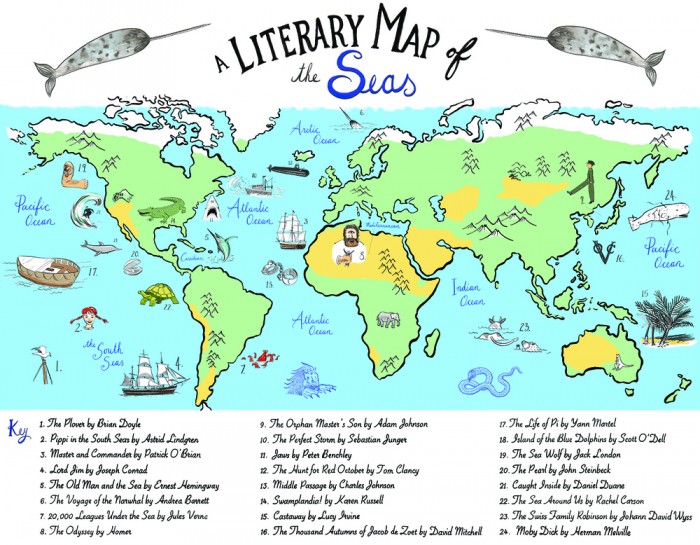 Literary Map of the Seas print by 3 Fish Studios, depicting 24 great books set in the ocean.