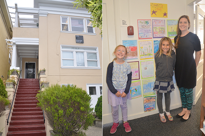At left: Kittredge School. At right: Kittredge second-grade students Charlotte Wentworth and Rachel Tkachenko stand with teacher Sarah Baker in front of a gallery of drawings created by their peers that represent “Gathering Data Through All Senses,” one of the 16 Habits of Mind that the school has incorporated into both its curriculum and its culture. (Photo: Kathleen Jay)