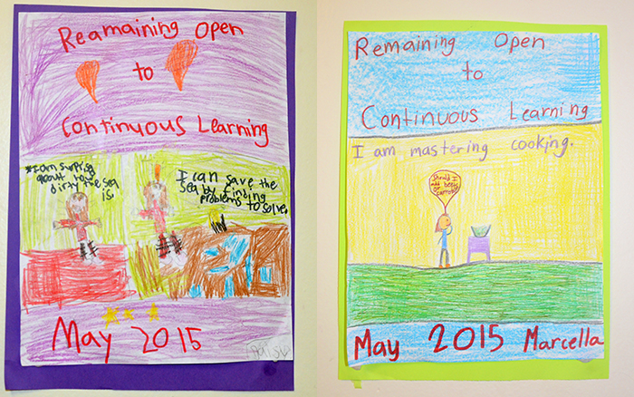Drawings created by Kittredge students that represent “Remaining open to continuous learning,” one of the 16 Habits of Mind that the school has incorporated into both its curriculum and its culture.(Photo: Kathleen Jay)