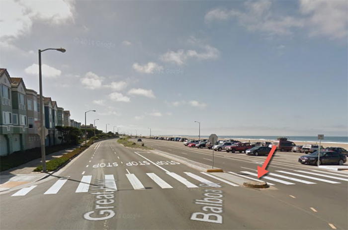 The island at Balboa and Great Highway where the sign is embedded.