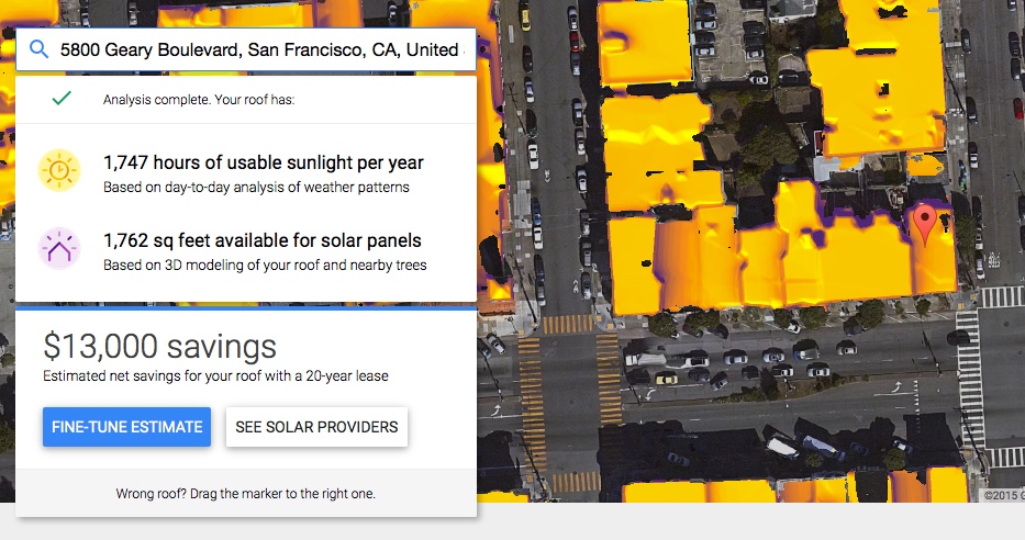 The solar potential of the Alexandria Theater property at 5800 Geary. Courtesy Project Sunroof