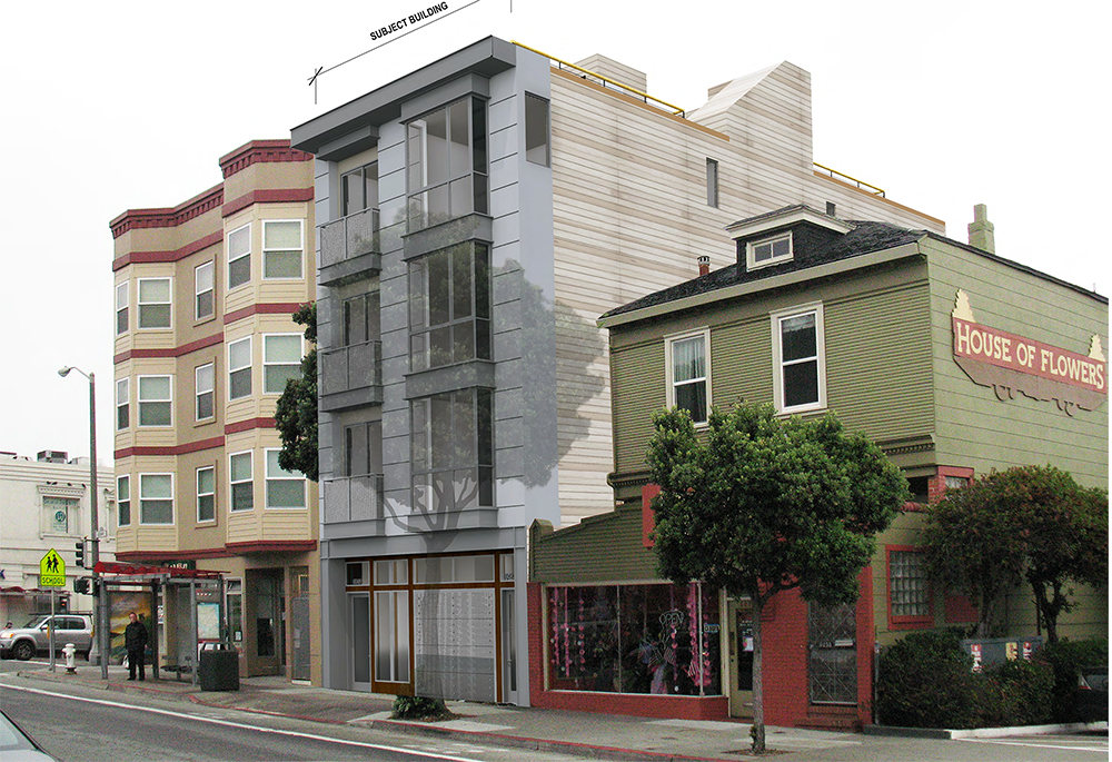 A new mixed-use building coming to the empty lot at 6044 Geary