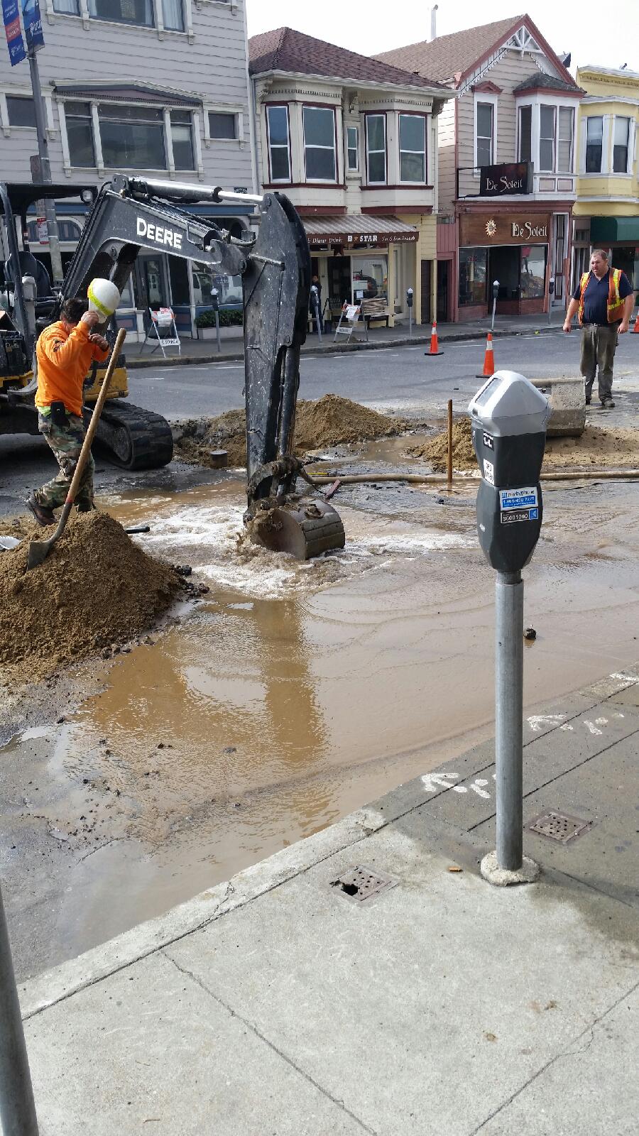 The site of the water main break on Clement Street near 3rd Avenue. Photo by David H.