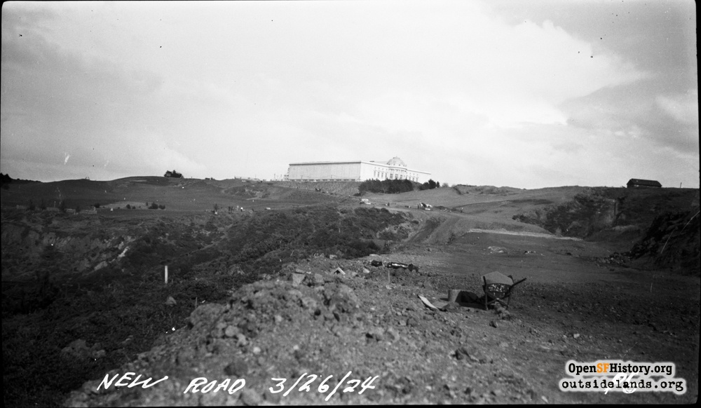 Mar 26, 1924. El Camino Del Mar - construction. Originally named Harding Blvd. Legion of Honor in background. Courtesy of openhistorysf.org 