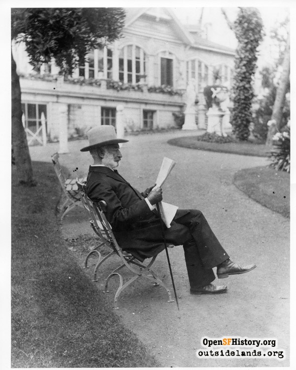 Adolph Sutro circa 1886. Adolph Sutro seated outside his residence at Sutro Heights reading a newspaper. Courtesy of openhistorysf.org