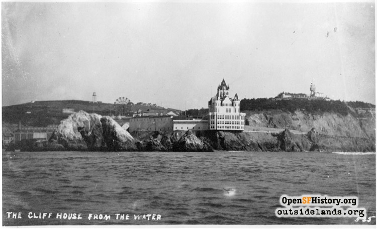 Second Cliff House and Sutro Heights, viewed northeast from offshore circa 1900 "The Cliff House from the Water 525" Seal Rocks in foreground. Firth Wheel at left center. Courtesy of openhistorysf.org
