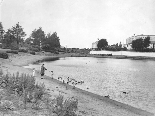 Mountain Lake with Presidio buildings in the background. June, 1941. Courtesy SFPL.