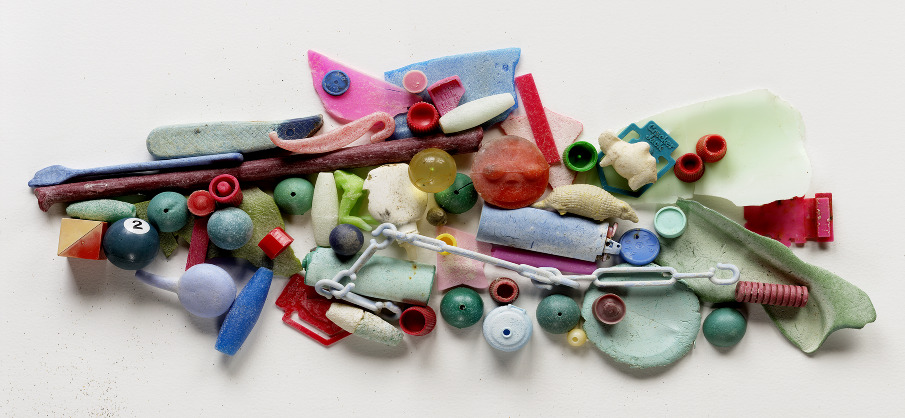 "Balls 18" x 36" by Judith Selby Lang. Made from plastic objects gathered from Bay Area beaches. 