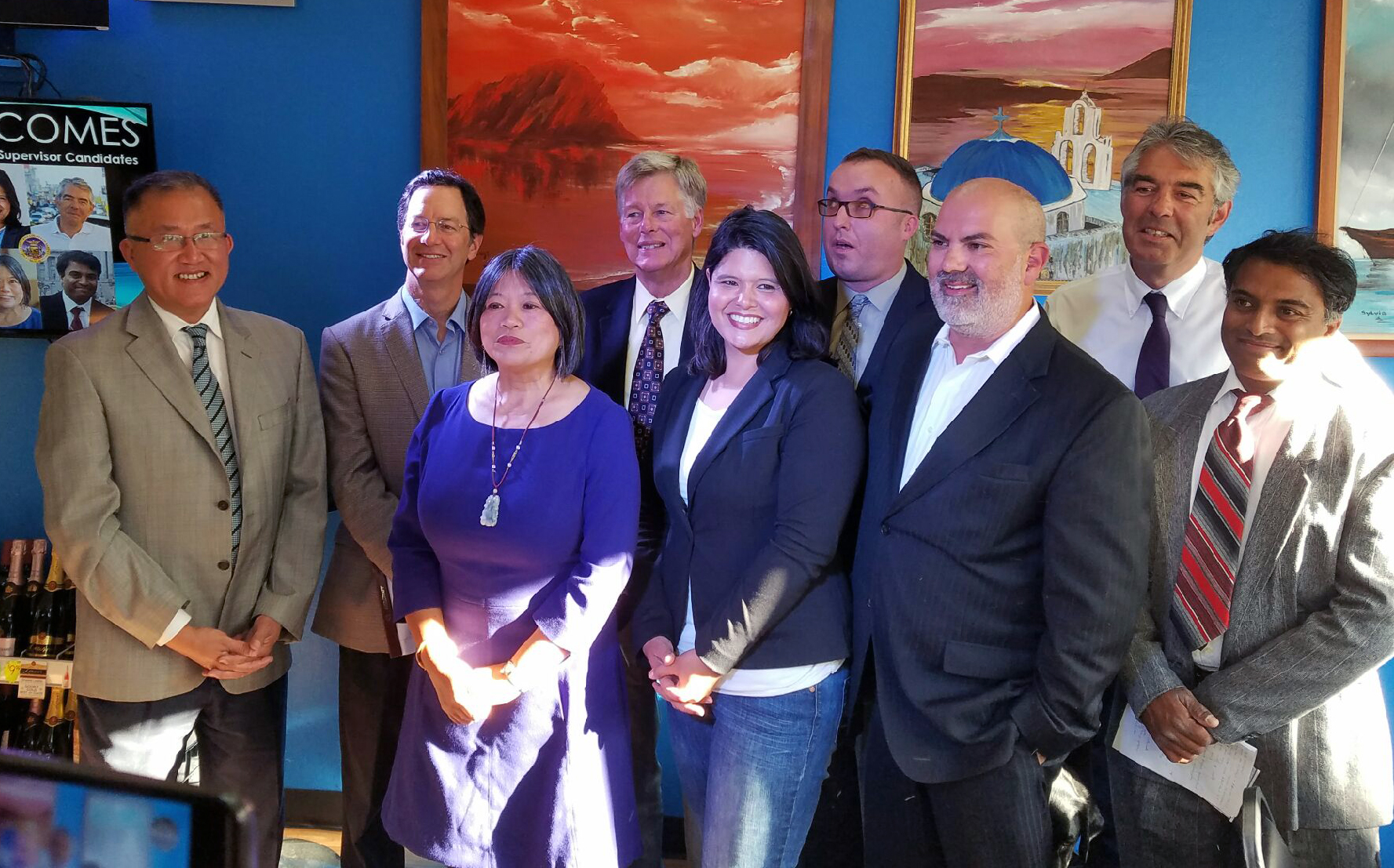 District 1 Supervisor candidates pose for a group photo at the Kawika's Ocean Beach Deli meet and greet event on June 23, 2016.
