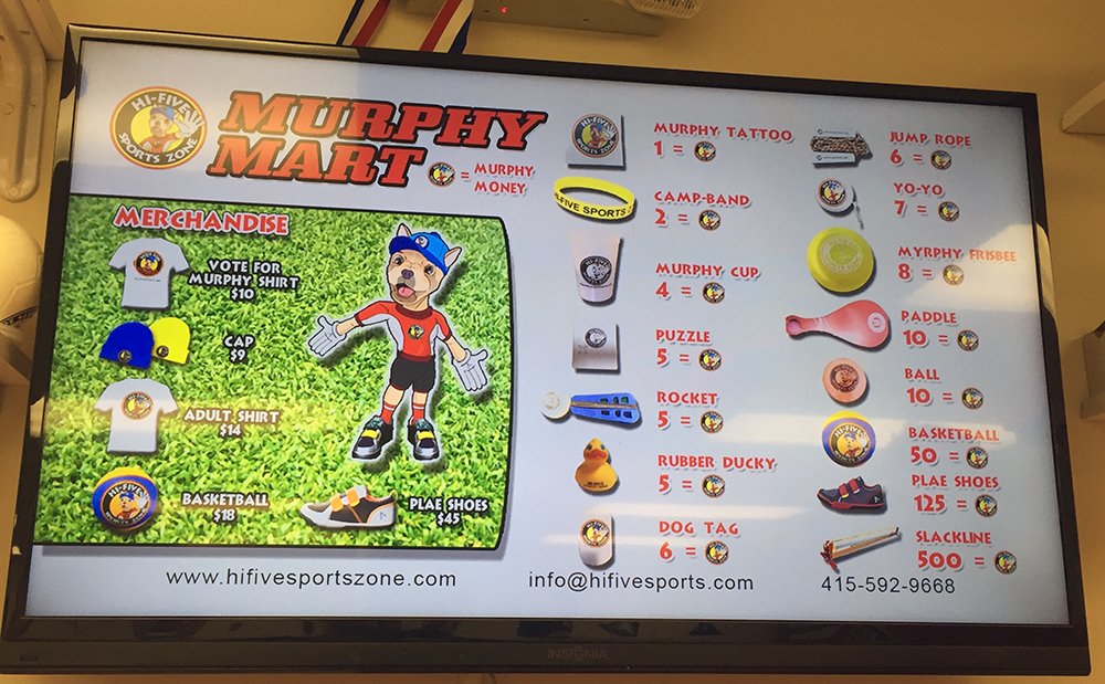 Hi-Five's Murphy Mart menu where coins can be cashed in for prizes