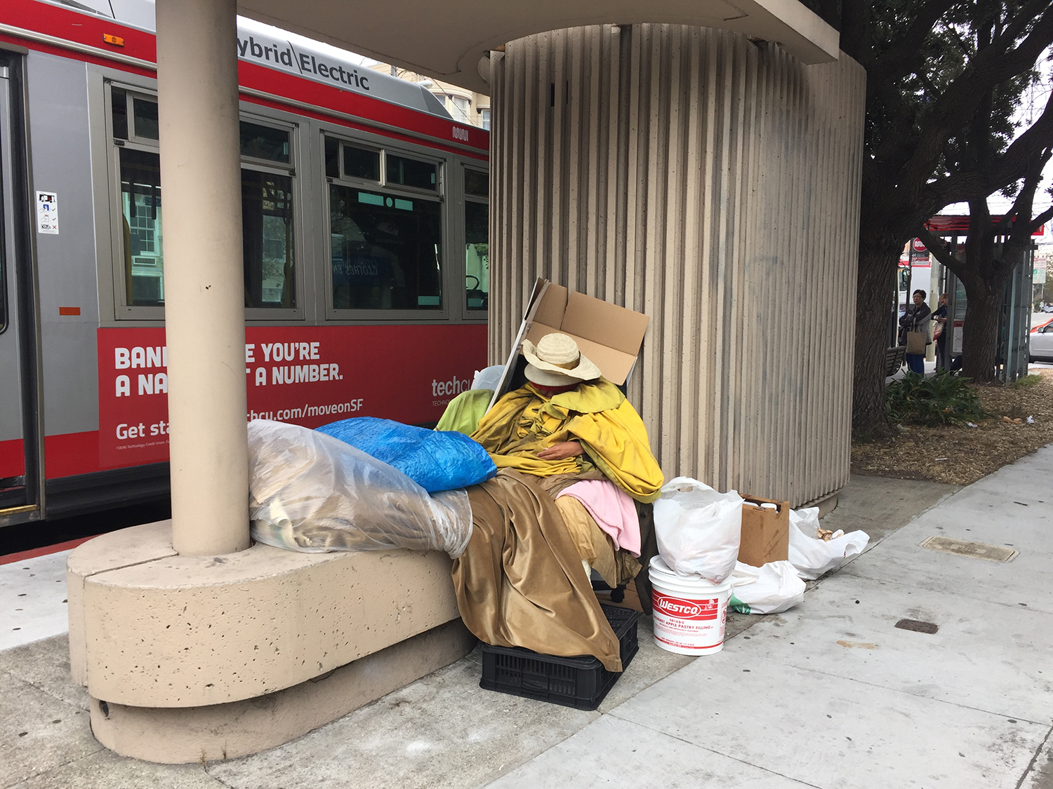 A homeless woman that lives at the bus terminal