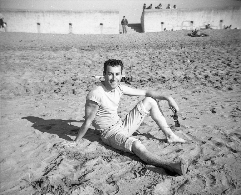 Ocean Beach circa 1960.  Unknown man at Ocean Beach - Esplande (Bernal Heights man). OpenSFHistory / wnp14.4569.jpg
